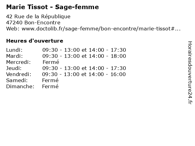 Horaires d ouverture Marie Tissot Sage femme 42 Rue de la